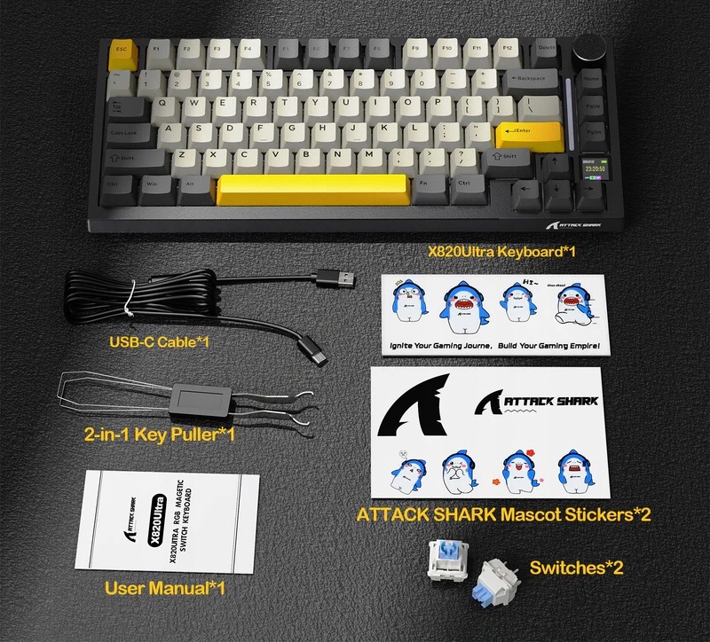 Zawartość zestawu klawiatury mechanicznej Attack Shark X820 ULTRA z akcesoriami.